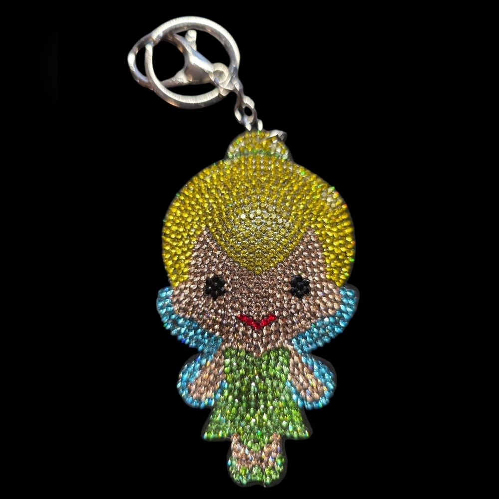 Sparkling Tinkerbell Fairy Bag Charm Keychain with Green and Blue Accents